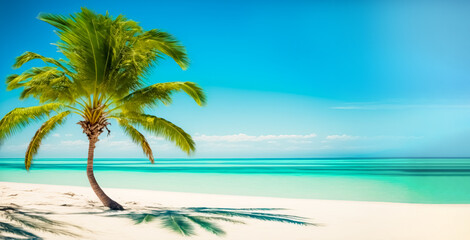 Fototapeta na wymiar Panorama banner of idyllic tropical beach with palm tree. Views of the ocean from a beach. digital art 