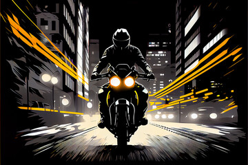 Motorcycle on the road, driving at night, headlights on	