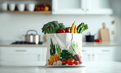 Eco friendly reusable shopping bag with fresh vegetables on marble table in kitchen. digital art