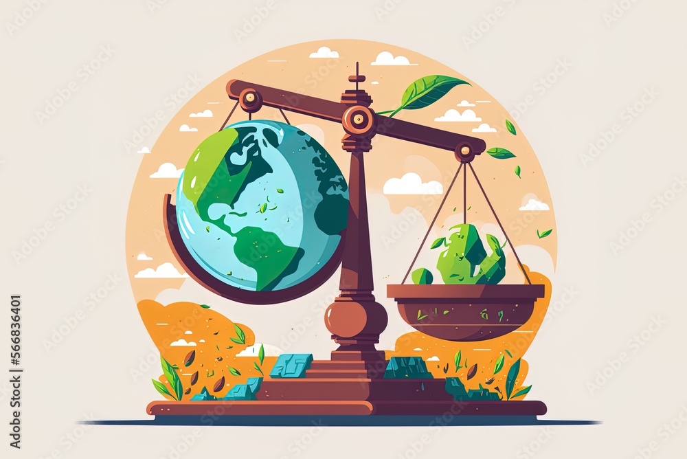 Poster flat-style concept drawing of earth superimposed on a scale. generative ai