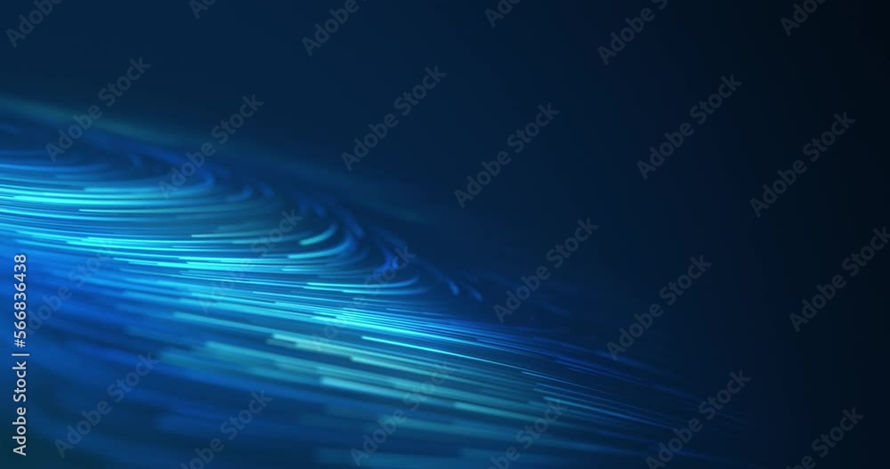 Poster moving blue curves, loopable tech background with copyspace.