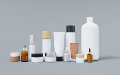 Group of different cosmetic bottles and jars 3D render