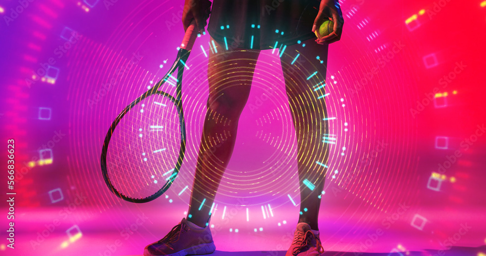 Poster low section of biracial female tennis player with racket and ball over illuminated circular pattern