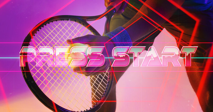 Midsection of african american male tennis player with racket and ball over press start and lines