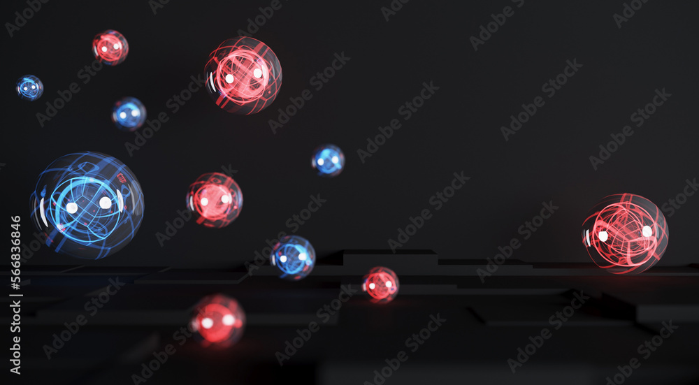 Aufkleber abstract dark background with red and blue spheres. 3d rendering. illustration with place for text.