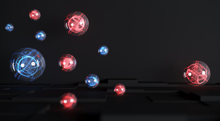 Abstract dark background with red and blue spheres. 3d rendering. Illustration with place for text.