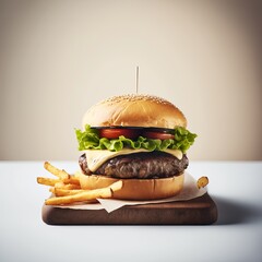 Hamburger with cheese, tomato, lettuce and fries on white background