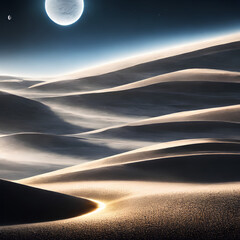 sand dunes on a planet with view to moon and space, generated by AI