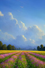 flower plantation surrounded by trees with a cloudy sky in the background, generated by AI