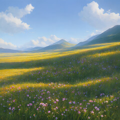 Plain of flowers surrounded by mountains with various clouds, generated by AI