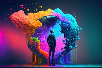 man standing against a vibrant psychedelic backdrop of computer graphics, beautiful wallpaper background