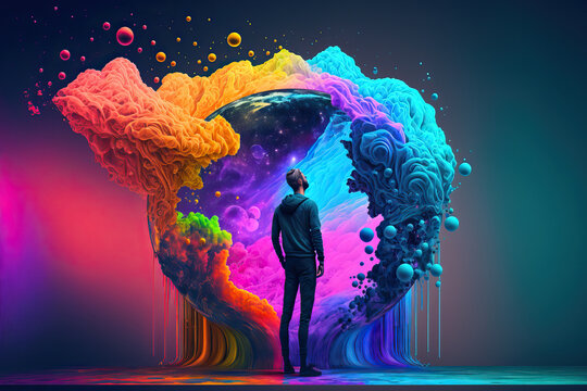man standing against a vibrant psychedelic backdrop of computer graphics, beautiful wallpaper background