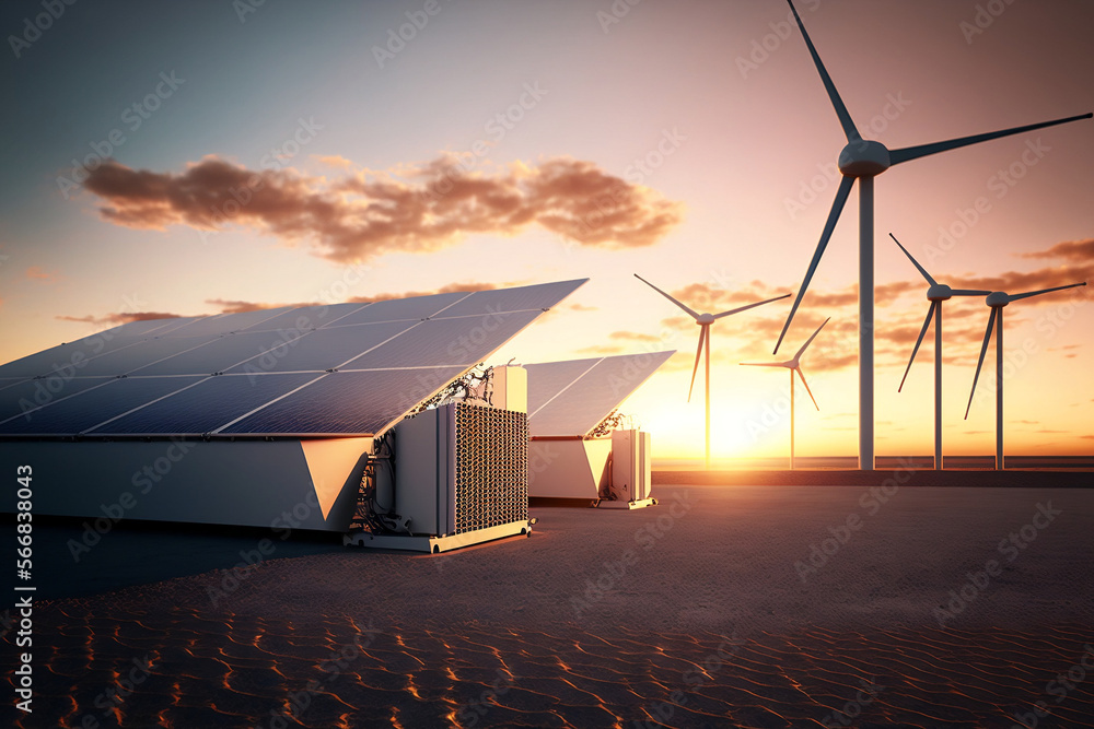 Wall mural solar panels, generators and wind turbine at sunset representing clean energy, renewable energy, environment, environmental protection