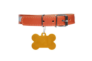 Brown leather dog collar with bone shaped tag isolated on white