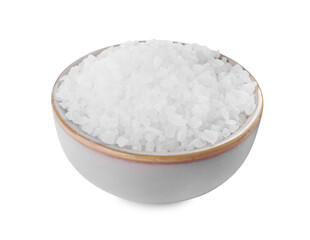 Ceramic bowl with natural sea salt isolated on white