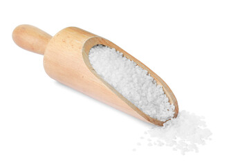 Wooden scoop with natural sea salt on white background