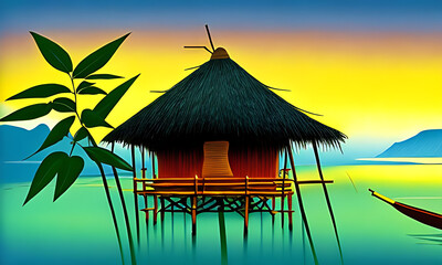 Generative AI : bamboo hut at sunset, vivid, story book illustration