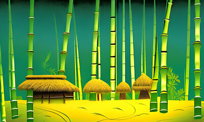 Generative AI : bamboo hut at sunset, vivid, story book illustration