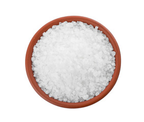 Fototapeta na wymiar Natural sea salt in wooden bowl isolated on white, top view