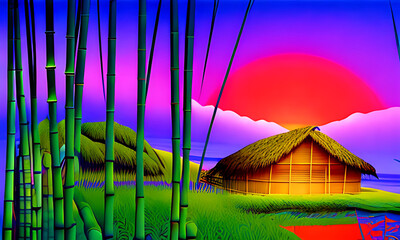Generative AI : bamboo hut at sunset, vivid, story book illustration