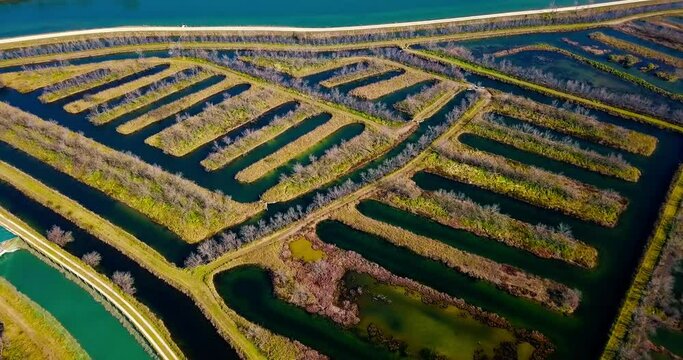 Breathtaking landscape with horizontal and vertical Venetian lagoons of bright turquoise color among brown polders aerial view