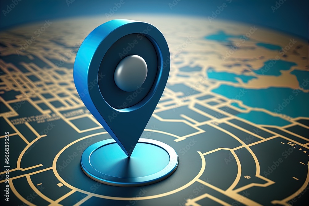 Poster on a blue backdrop with a gps navigation map and the words 