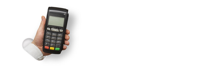 Man holds a payment terminal for cashless payments in his hand, on the white background.