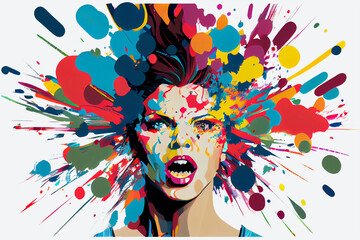 Woman's emotionality. An expressive outburst of emotions, illustrative visualization with an explosion of colours in pop art style. A creative style illustration and white background. - obrazy, fototapety, plakaty