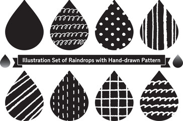 手描き模様の雨粒のイラストセット　黒