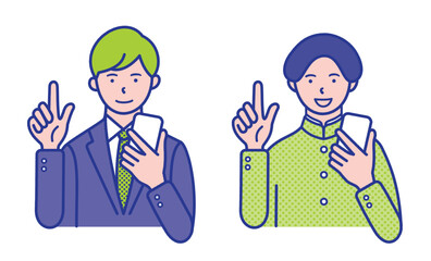 スマホを持った男子学生の上半身のイラスト素材【セット】