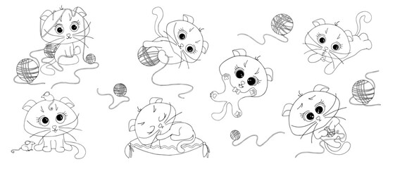 A set of linear sketches, children's coloring cute kittens.Vector graphics.