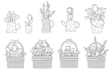 Linear sketches, coloring of bouquets of spring flowers in wicker baskets and vases. Vector graphics.