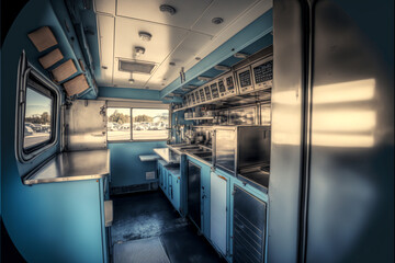 interior view of a food truck, street food preparation trailer, generative ai.