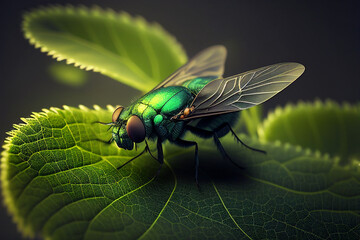 Naklejka premium Beautiful flies green on leaves depth of field dark background created with generative ai