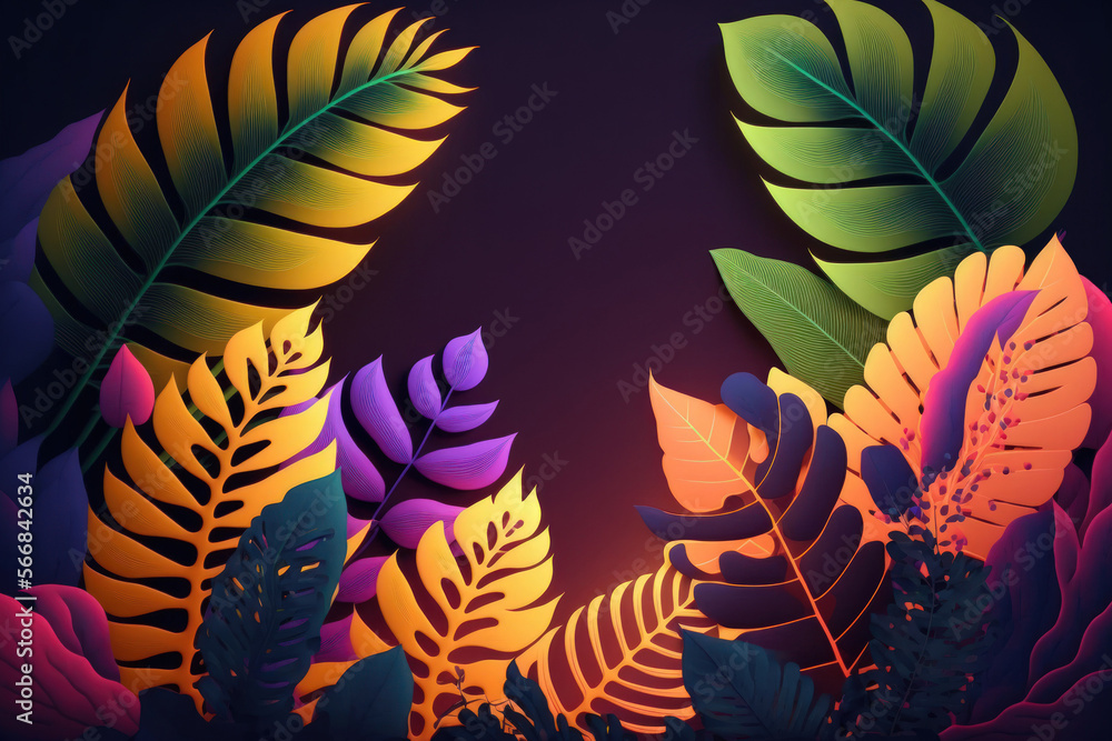 Poster abstract background with neon lights and a background of an empty area. leaves from the tropics in s