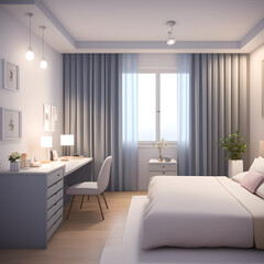 Fototapeta na wymiar Modern bedroom interior with furniture in isometric style, AI generated illustration