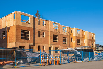 New low-rise apartments building construction. Housing construction in Canada. Street photo