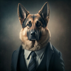 Portrait of an German Shepherd dressed in a formal business suit 