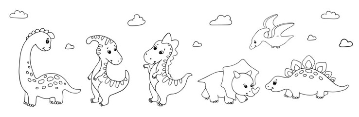 A set of linear sketches, coloring pages of cute dinosaurs. Vector graphics.