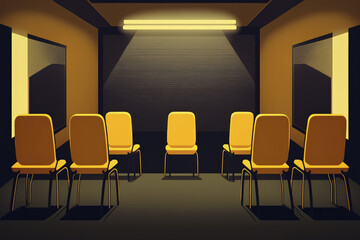 Empty press room, conference room or conference hall. Empty screen. Yellow and black chairs. Waiting for lecture or press concerence. Generative AI