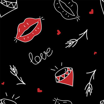 Vector. Cute seamless love pattern with hand drawn contour hearts, red lips, arrows, diamonds. Cartoon style sketch for Valentine's Day, Birthday, Women's Day and wedding design. Wrapping, textile.
