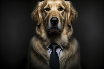 Portrait of a Golden Retriever dressed in a formal business suit