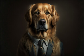 Portrait of a Golden Retriever dressed in a formal business suit