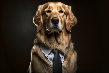 Portrait of a Golden Retriever dressed in a formal business suit