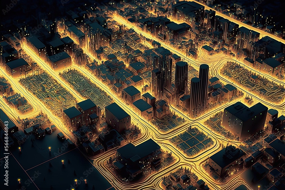 Poster town built entirely of circuit boards, illuminated in dazzling layers generative ai