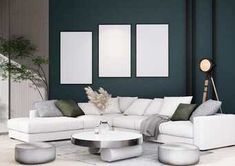 Mock up poster frame in modern interior fully furnished rooms