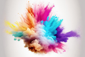 eruption of white powder against a white background. cloud with color. Bright dust explodes. Color Holi. Generative AI