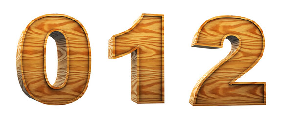 Wood alphabet. Numbers 0, 1, 2 in 3D Render wood. Path save.