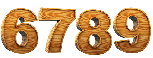 Fototapeta premium Wood alphabet. Numbers 6, 7, 8, 9 in 3D Render wood. Path save.