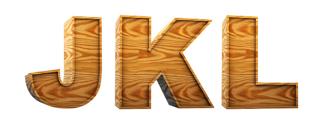 Wood alphabet. Letters j, k, l, in 3D Render wood. Path save.